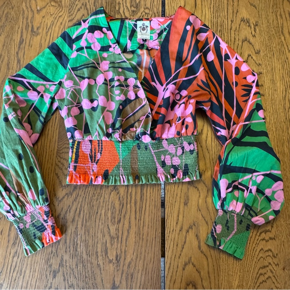 Anthropologie Roopa Pemmaraju‎ multi-color faux wrap blouse Tropical Boho